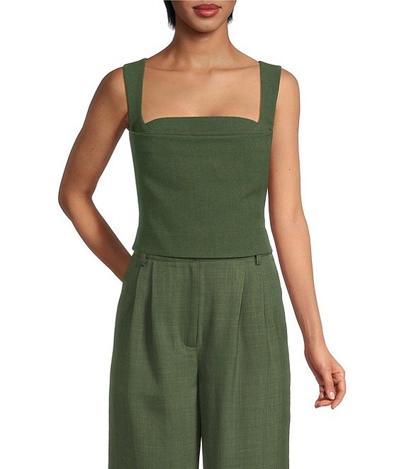 Gianni Bini Coco Coordinating Square Neck Crepe Blouse, Rifle Green - Image 1