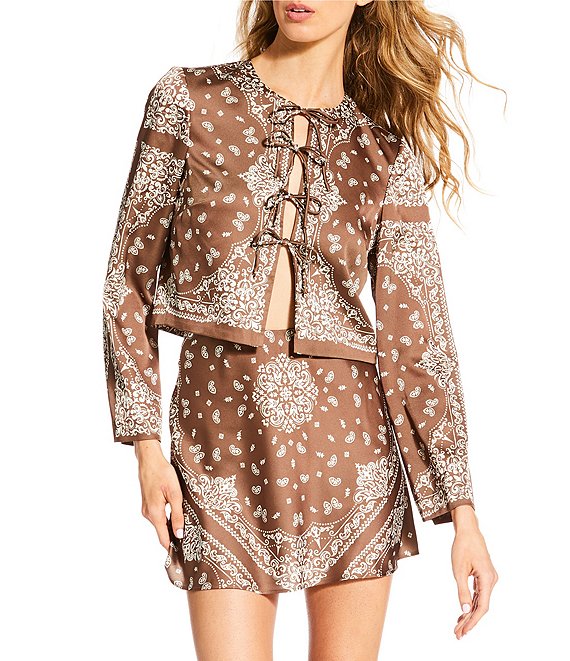 Gianni Bini Coordinating Josie Tie Front Long Sleeve Blouse, Bandana - Image 1