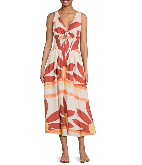 Gianni Bini Ulla Printed V-Neck Sleeveless Drop Waist A-Line Midi Dress, Sunburst - Image 1