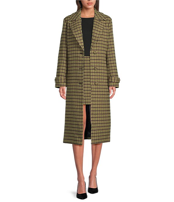 Gibson & Latimer Houndstooth Woven Wool Blend Notch Lapel Button Front Long Sleeve Coordinating Blazer Trench Coat, Green Multi. - Image 1