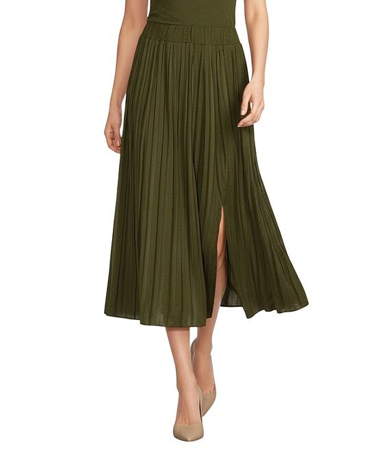 Gibson & Latimer Moonshadow Belted Pleated Midi Skirt, Deep Moss - Image 1