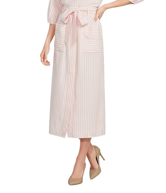 Gibson & Latimer Stripe Seersucker Tie at Waist A-Line Coordinating Midi Skirt, Rose/Cream - Image 1