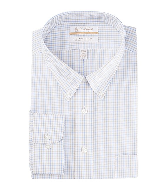 Color:Tan - Image 1 - Gold Label Roundtree & Yorke Big & Tall Non-Iron Button-Down Collar Tan Check Dress Shirt