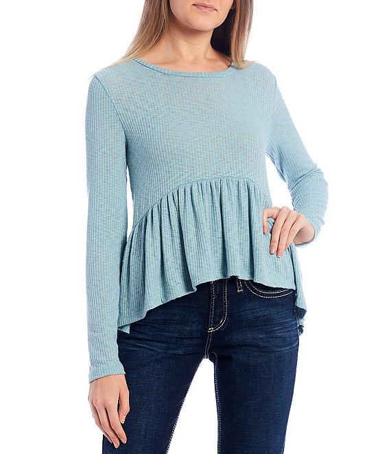 Color:Dusty Aqua - Image 1 - Long Sleeve Sharkbite Flounce Hem Rib-Knit Top
