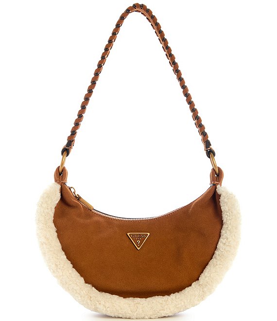 Guess Amita Suede Shearling Trim Hobo Shoulder Bag, Cognac - Image 1