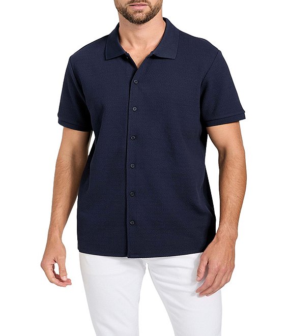 Guess Short Sleeve Aaron Knit Button Down Shirt, Dark Blue - Image 1