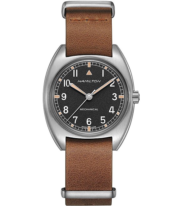 Color:Brown - Image 1 - Khaki Aviation Pilot Pioneer Mechanical Leather Strap Watch