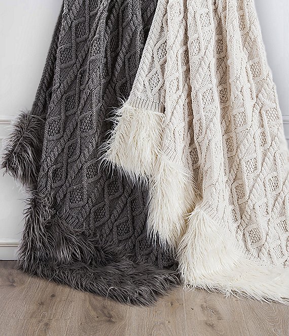 Color:Grey - Image 1 - Cable Knit with Mongolian Fur Throw