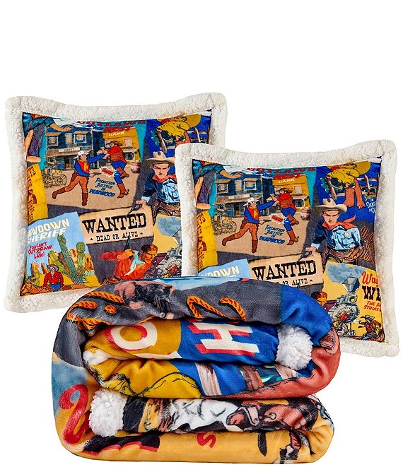 HiEnd Accents x Indigo Hills Bandits & Heroes Campfire Sherpa Accent Pillows and Throw Blanket Throw Set, Multi - Image 1