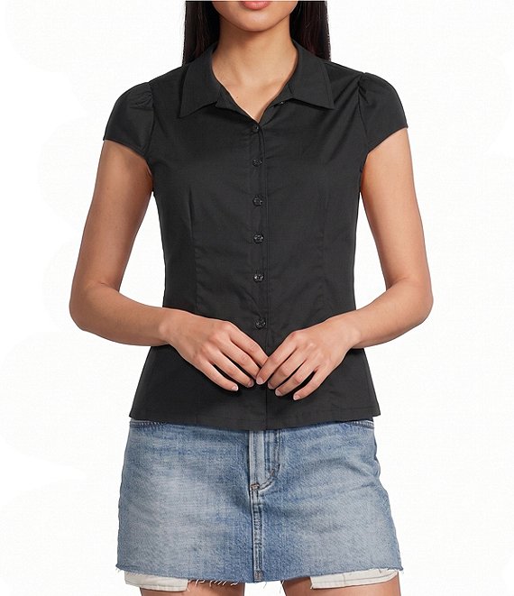 Honey & Sparkle Short Puff Sleeve Point Collar Button Front Top