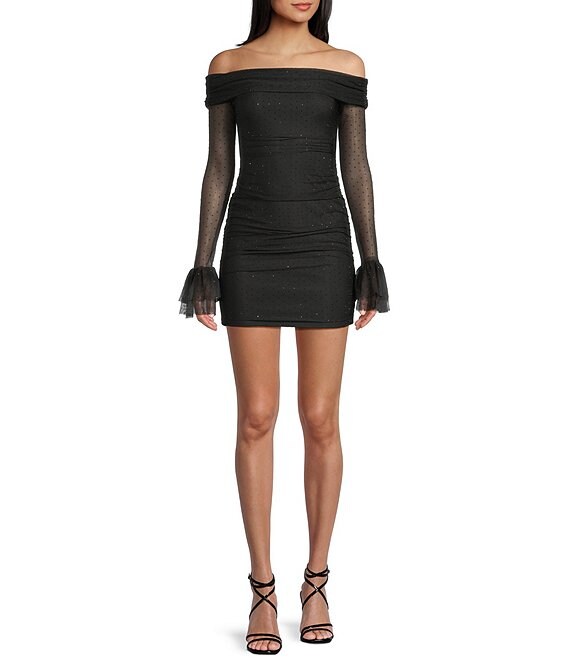 Honey and Rosie Mesh Off The Shoulder Long Ruffle Sleeve Shirred Bodycon Dress, Black - Image 1