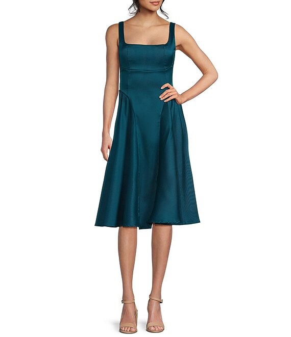 Honey and Rosie Square Neck Open Tie Back Midi Dress, Teal - Image 1