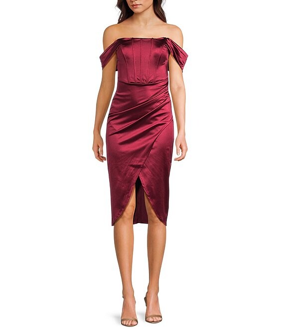 Honey and Rosie Strapless Drape Off-Shoulder Sleeve Corset Inspired Envelope Hem Midi Dress, Wine - Image 1