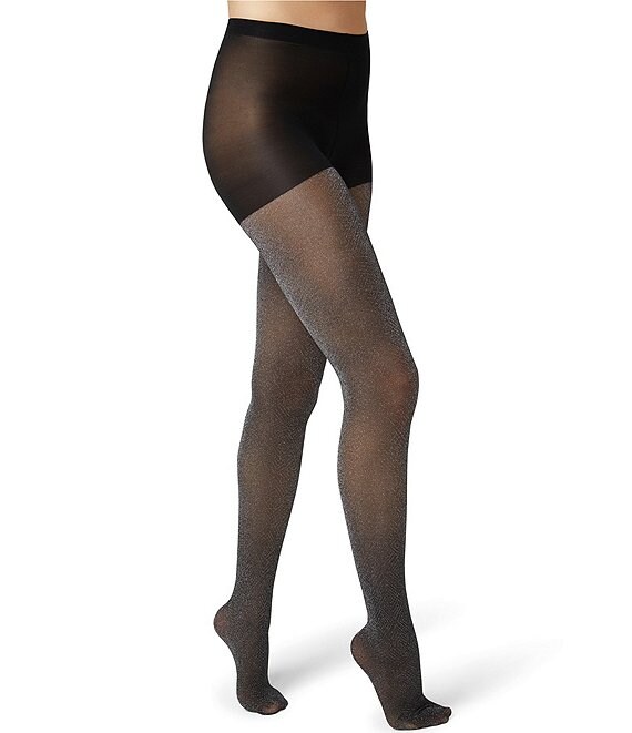 HUE Semi-Sheer Shimmer Diamond Control Top Tights, Black - Image 1