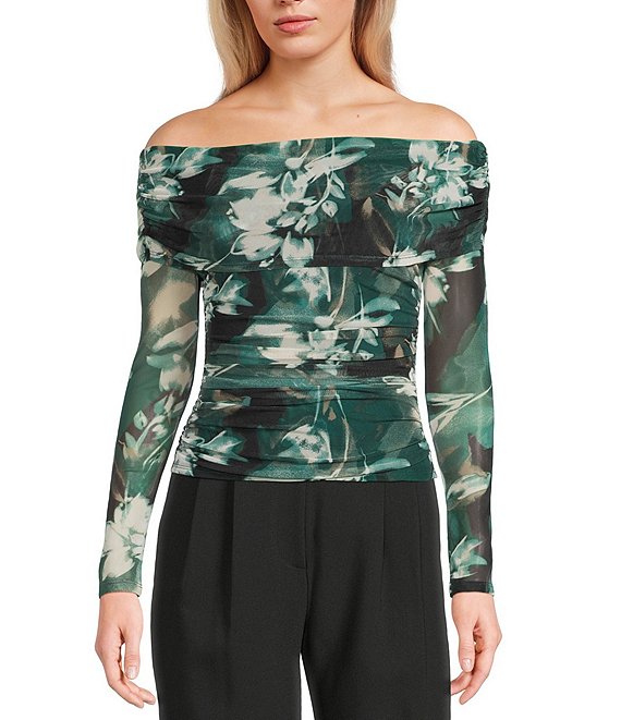 I.N. San Francisco Abstract Floral Off The Shoulder Long Sleeve Shirred Side Top, Abstract Floral - Image 1