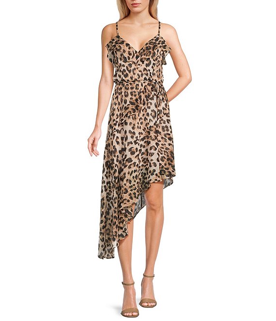 I.N. San Francisco Cheetah Print V-Neck Asymmetrical Ruffle Midi Dress, Cheetah - Image 1