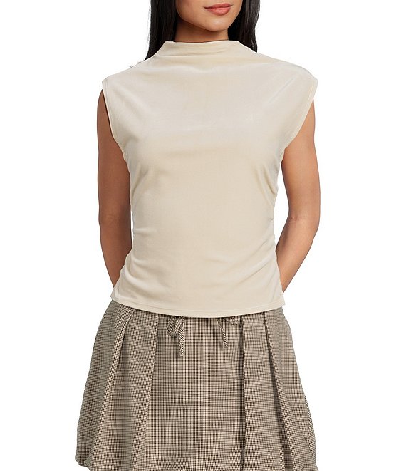 I.N. San Francisco Mock Neck Shirred Side Seam Tank Top, Cream - Image 1