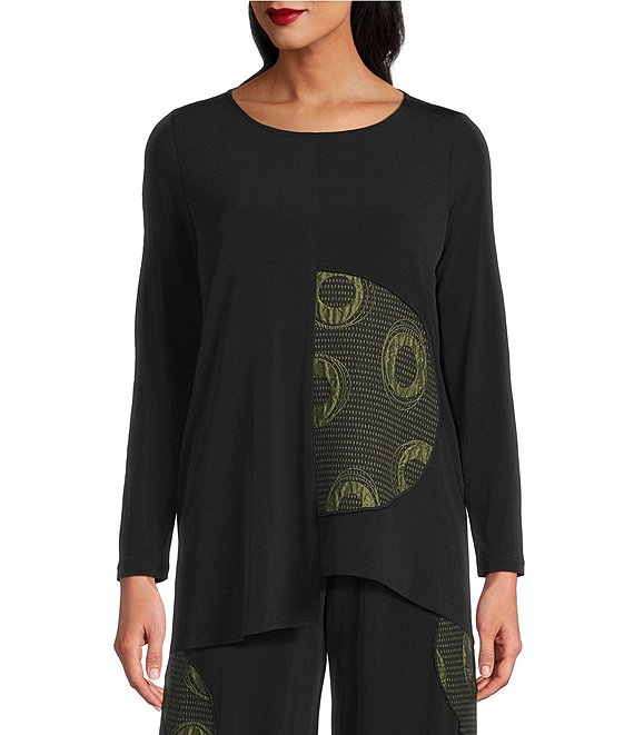 IC Collection Moon Dot Coordinating Jacquard Knit Scoop Neck Long Sleeve Asymmetrical Top, Green - Image 1