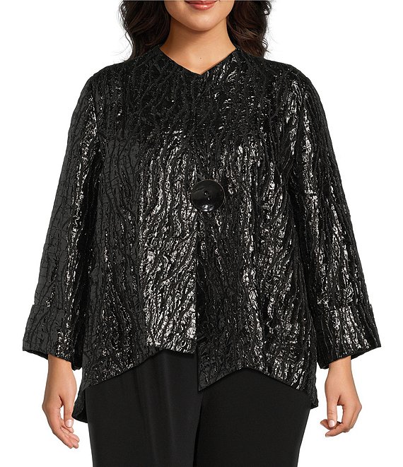 IC Collection Plus Size Flash High Neck Long Sleeve Asymmetrical Jacket, Black - Image 1