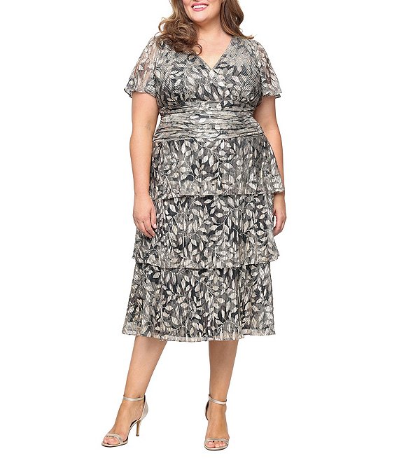 Ignite Evenings Bodre Flutter Sleeve Metallic Print Tiered Midi Dress, Black Gold - Image 1