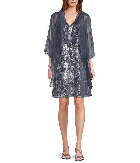 Ignite Evenings Floral Foil Print Chiffon V-Neck Sleeveless A-Line Dress With Removable Cascade Chiffon Jacket, Steel - Image 1