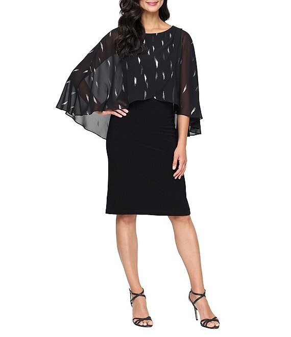 Ignite Evenings Foil Print Chiffon Capelet Overlay Matte Jersey Sheath Dress, Black/Silver - Image 1