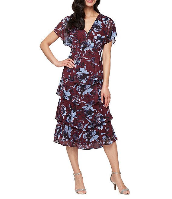 Ignite Evenings Petite Size Floral Print Chiffon Tea Length Flutter Sleeve Tiered Dress, Wine multi - Image 1