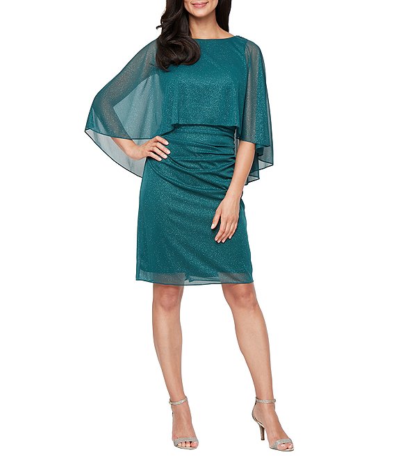 Ignite Evenings Petite Size Glitter Mesh Capelet Overlay Ruched Waist Sheath Dress, Pine - Image 1