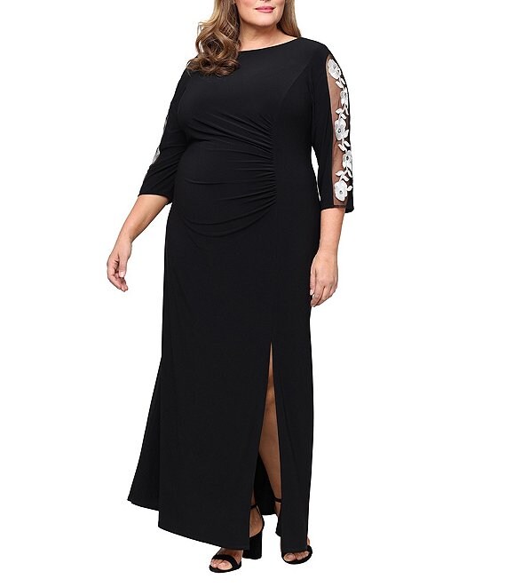 Ignite Evenings Plus Size Matte Jersey Embroidered 3/4 Sleeve Ruched Gown