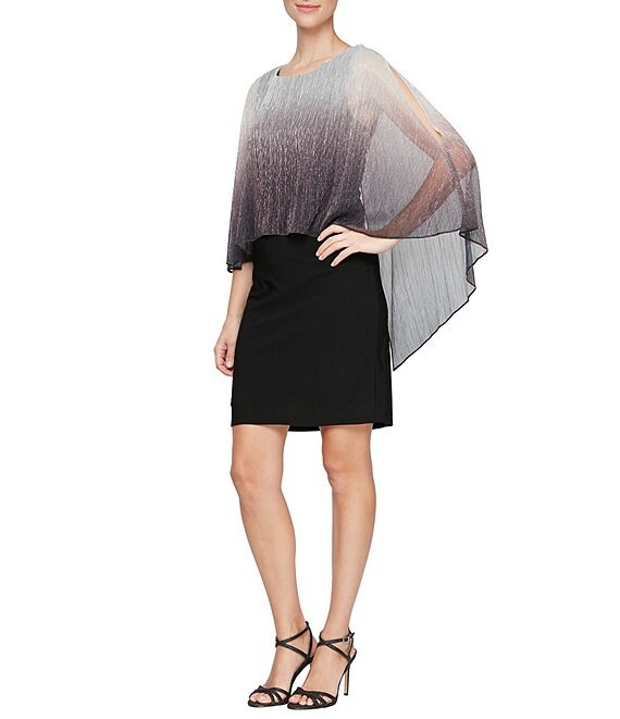 Color:Black/Silver - Image 1 - Round Neck 3/4 Sleeve Shimmery Ombre Bodre Popover Dress