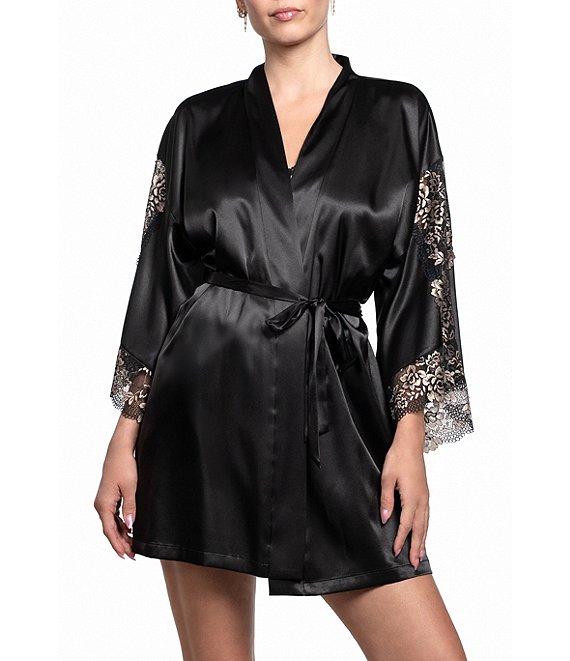 In Bloom by Jonquil Satin & Lace 3/4 Sleeve Shawl Collar Coordinating Short Wrap Robe, Black - Image 1