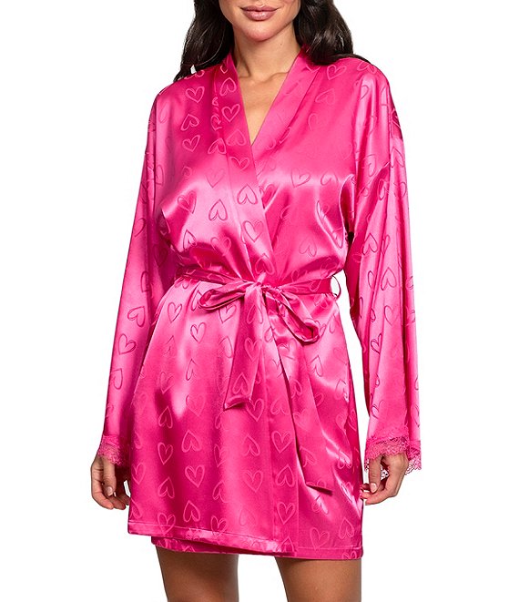 In Bloom by Jonquil Satin Long Sleeve Shawl Collar Heart Print Coordinating Short Wrap Robe, Hot Pink - Image 1