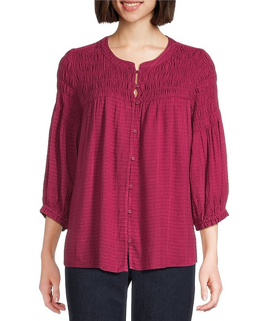 Intro Crinkle Gauze Crew Neck 3/4 Sleeve Smocked Romantic Button-Front Blouse, Beaujolais - Image 1