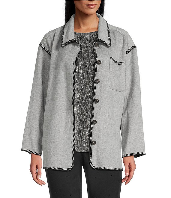 Intro Embroidered Whipstitch Grey/Black Point Collar Long Sleeve Button-Front Shirt Jacket, Grey/Black Whipstitch - Image 1