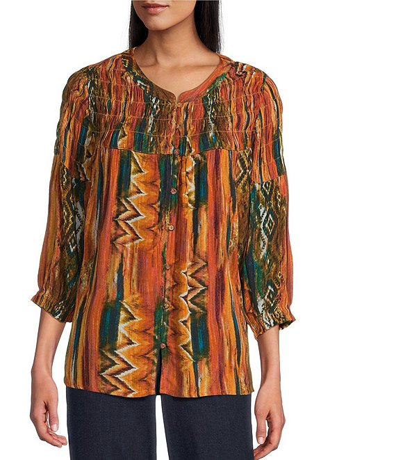 Intro Petite Size Crinkle Gauze Ikat Print Crew Neck 3/4 Sleeve Smocked Detail Button-Front Blouse, Fir Green - Image 1