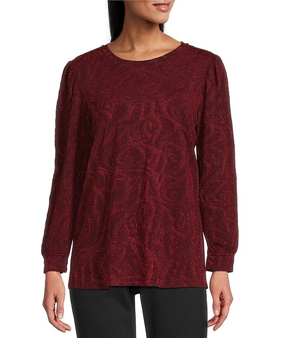 Intro Petite Size Red Lurex Knit Metallic Crew Neck Bracelet Length Poet Sleeve Top, Red Lurex - Image 1