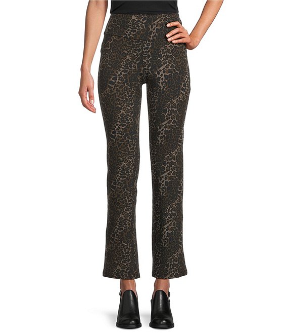 Intro Petite Size Suave Knit Teri Textured Animal Print Straight Leg Tummy Control Pull-On Pants, Ebony Black - Image 1