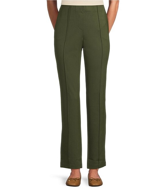 Intro Petite Size Veronica Double Knit Pintuck Straight Leg Pull-On Pants, Rifle Green - Image 1