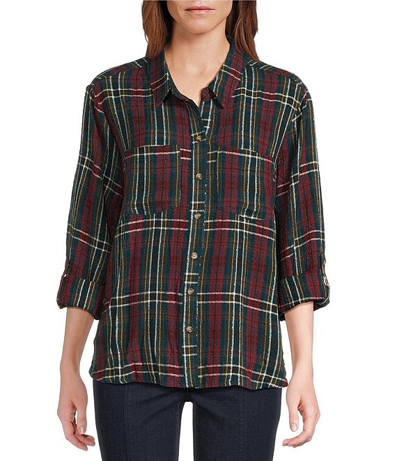 Intro Petite Size Woven Pucker Plaid Dark Sea Point Collar 3/4 Rolled-Tab Sleeve Button Front Shirt, Dark Sea/Silver Lurex - Image 1