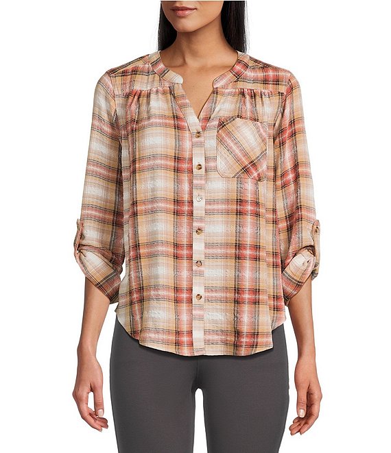 Intro Petite Size Woven Wood Thrush Band Plaid V-Neck Long Roll-Tab Sleeve Button Front Blouse, Wood Thrush - Image 1