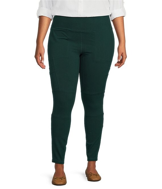 Intro Plus Size Knit Straight Leg Pull-On Tummy Control Cargo Leggings, Ponderosa Pine - Image 1