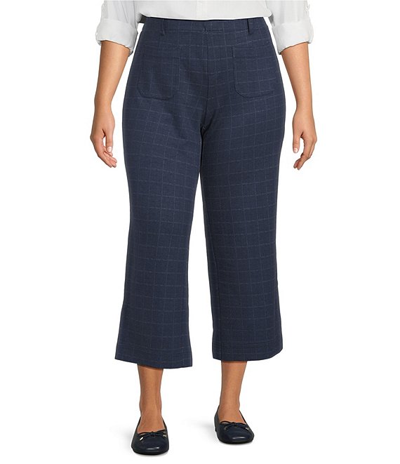 Intro Plus Size Mae Double Knit Mens Wear Plaid Print Pull-On Relaxed Cropped Pants, Blue Mens Wear Plaid - Image 1