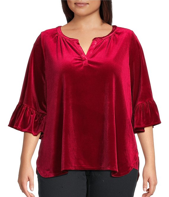 Intro Plus Size Silky Velvet Split V-Neck 3/4 Flounce Ruffle Sleeve Blouse, Deep Red - Image 1
