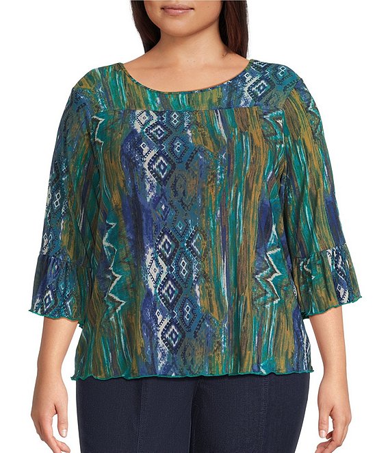 Intro Plus Size Soft Painted Ikat Print 3/4 Romantic Sleeve Top, Dark Sea - Image 1