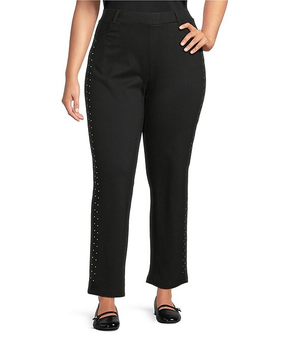 Intro Plus Size Stella Double Knit Crystals Detail Straight Leg Pull-On Pants, Ebony Black/White Crystals - Image 1