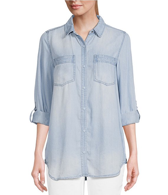 Intro Long Roll-Tab Sleeve Button Front Slub Lyocell Shirt