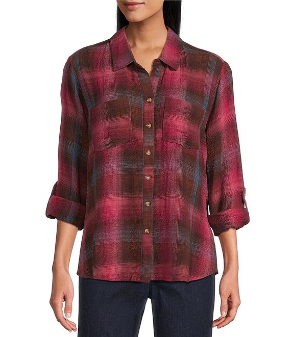 Intro Woven Pucker Plaid Red Bud Point Collar 3/4 Rolled-Tab Sleeve Button Front Shirt, Red Bud - Image 1