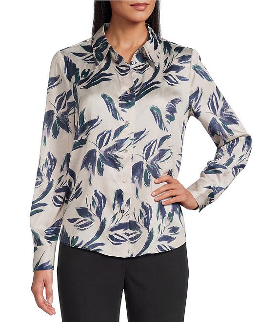 Investments Brush Floral Long Sleeve Point Collar Button Front Top, Brush Floral - Image 1
