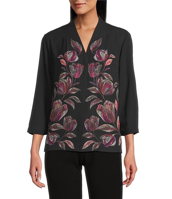 Investments Petite Caroline Signature Placed Floral Stitch Print 3/4 Sleeve Button Front Top, Black Placed/Floral Stitch - Image 1