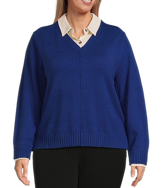 Investments Plus Size Long Sleeve Point Collar Twofer Sweater, Bellwether Blue - Image 1
